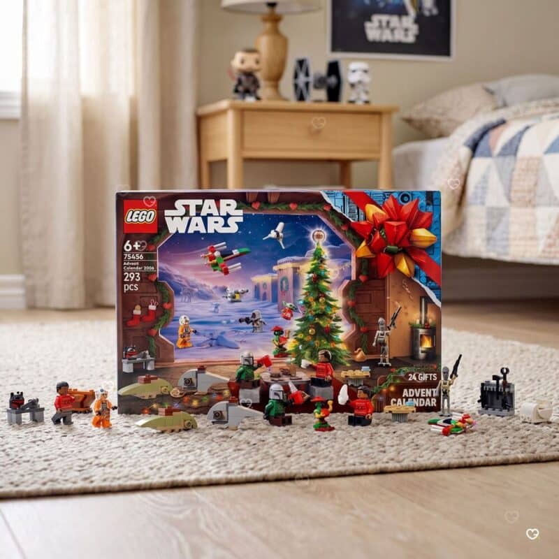 Lego Star Wars Adventskalender 2026 im Kinderzimmer, Box mit ausgepackten Figuren