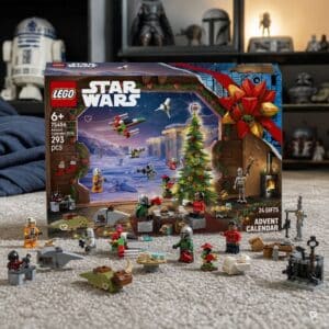 Lego Star Wars Adventskalender 2026 aufgebaut, alle Minifiguren und Fahrzeuge vor der Box