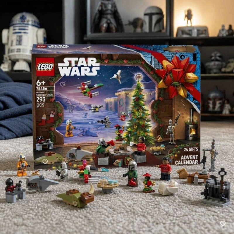 Lego Star Wars Adventskalender 2026 aufgebaut, alle Minifiguren und Fahrzeuge vor der Box