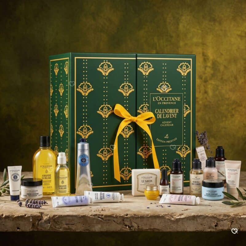 L'Occitane Prestige Coffret 2026 - Ansicht der 24 Produkte rund um den tannengrünen Adventskalender