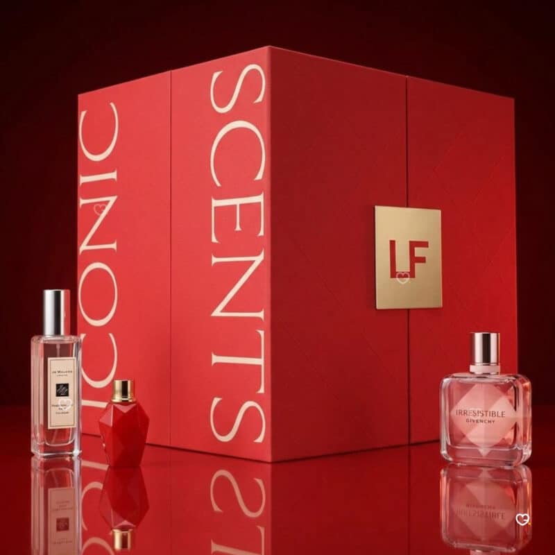 Parfumflacons vor dem Lookfantastic Parfum Adventskalender 2026, Designer-Duftauswahl