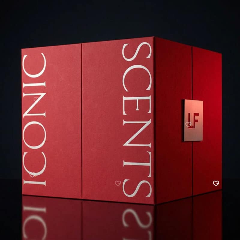 Lookfantastic Parfum Adventskalender 2026, rotes Coffret mit LF-Logo, Detailansicht