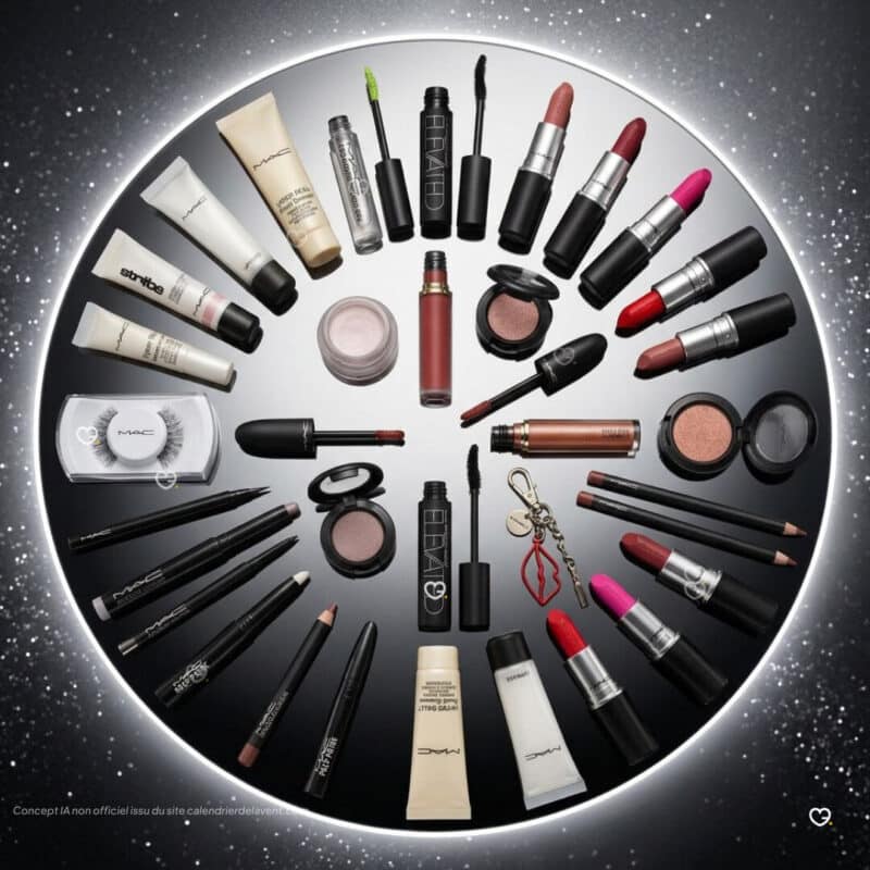 Konzeptbild: die 24 Produkte des MAC Cosmetics Adventskalender 2026 (inoffizielles KI-Konzept)
