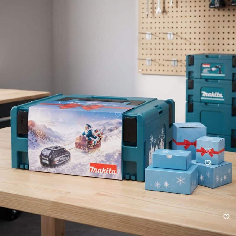Geöffneter Makita MAKPAC Adventskalender 2026 auf der Werkbank