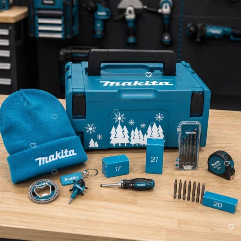 Makita Adventskalender 2026 Werkzeuge und Mütze arrangiert