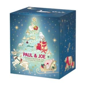 Paul and Joe Adventskalender 2026, geschlossene nachtblaue Schubladenbox mit Weihnachtsbaum und Tierillustration von Sophie Mechaly