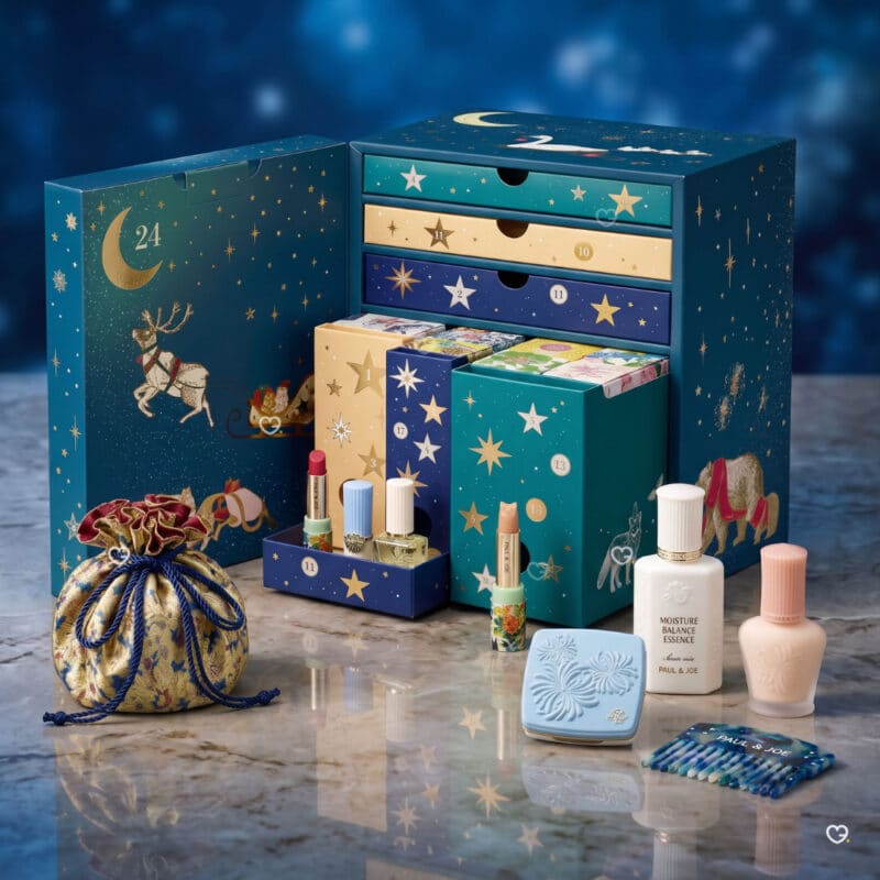 Paul and Joe Adventskalender 2026, geoeffnete Schubladenbox mit Produkten und Beuteltasche