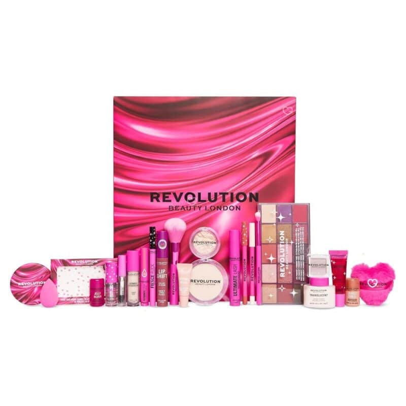 Revolution Adventskalender 2026 alle Make-up-Produkte auf hellem Hintergrund