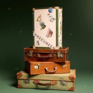 Vogue Adventskalender 2026 Reisetruhe auf einem Stapel Vintage-Koffer, Beauty Adventskalender