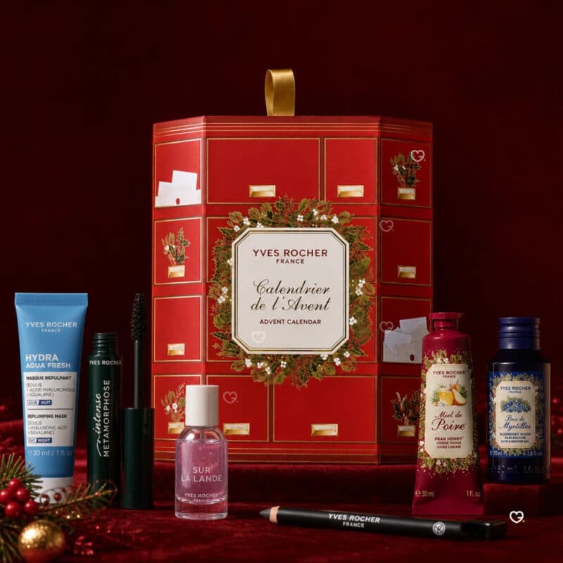 Produktauswahl des Yves Rocher Adventskalender 2026 vor der roten Box