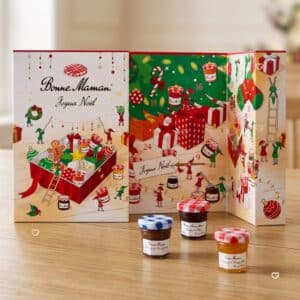 Bonne Maman Adventskalender 2026 geöffnet mit drei Mini-Konfitüren-Gläschen