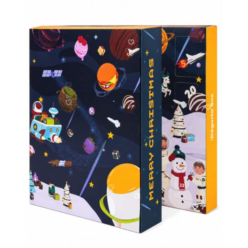 Paar öffnet den Degustabox Adventskalender 2026, XXL-Box im Weltraum-Design
