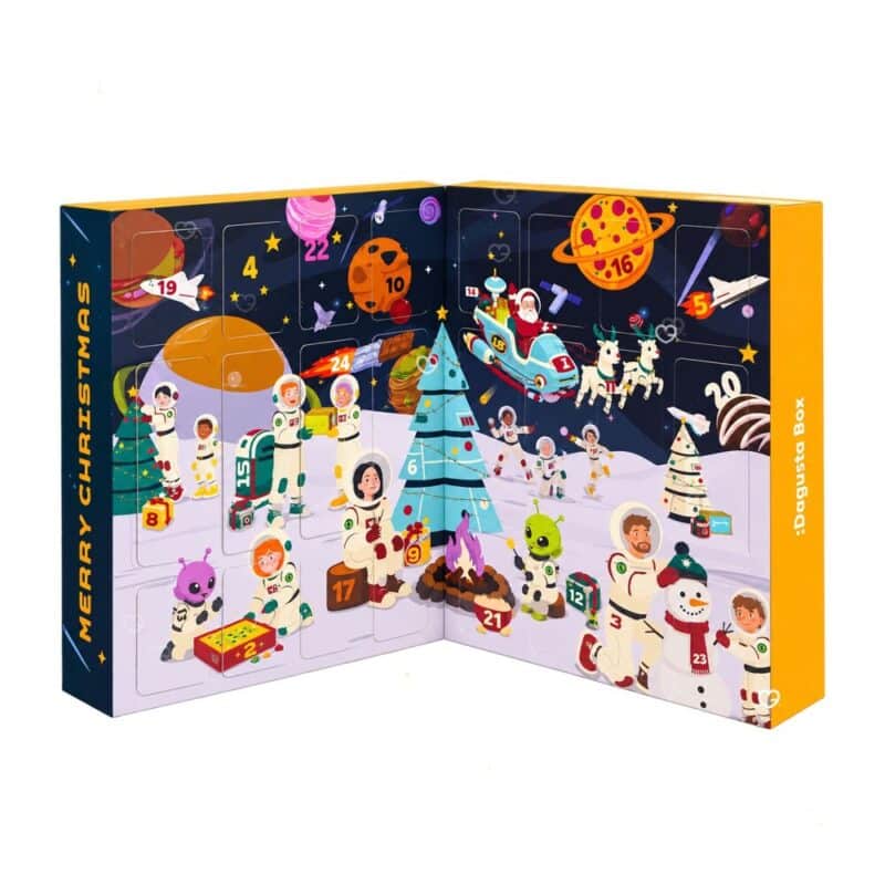 Degustabox Adventskalender 2026 geöffnet, kosmisches Weltraum-Design, 24 Türchen, 58 cm hoch