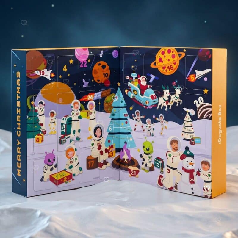 Degustabox Adventskalender 2026 offen vor Sternenhimmel, Weltraum-Motiv Kosmische Weihnachten
