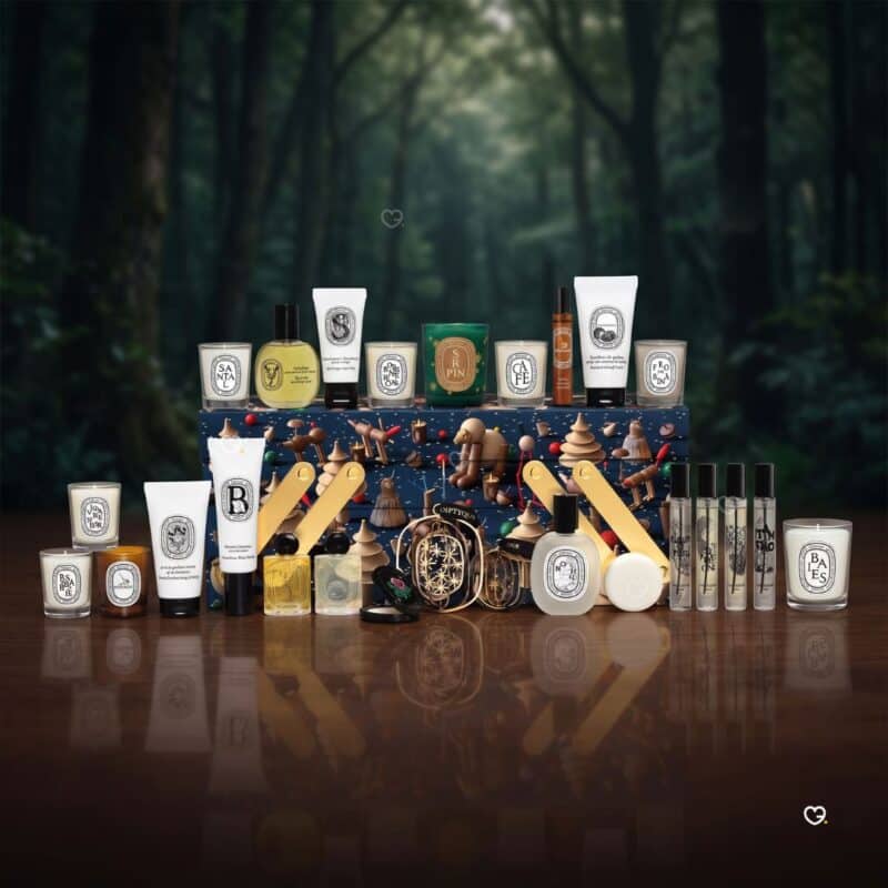 Diptyque Adventskalender 2026, alle 25 Produkte aufgereiht, Kerzen und Eaux de Parfum