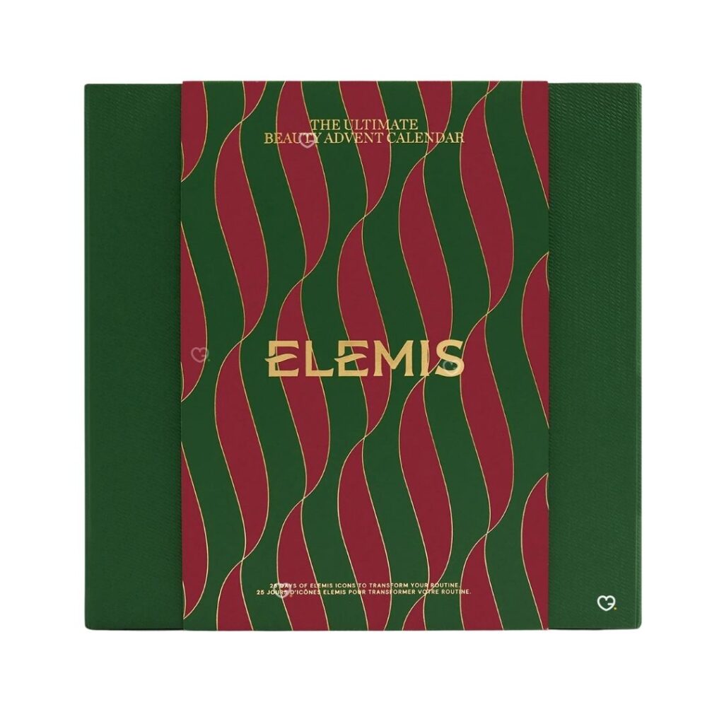 Elemis Adventskalender 2026, geschlossene Geschenkbox in Grün und Bordeaux mit goldenem Wellenmuster
