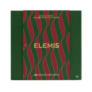 Elemis Adventskalender 2026, geschlossene Geschenkbox in Grün und Bordeaux mit goldenem Wellenmuster