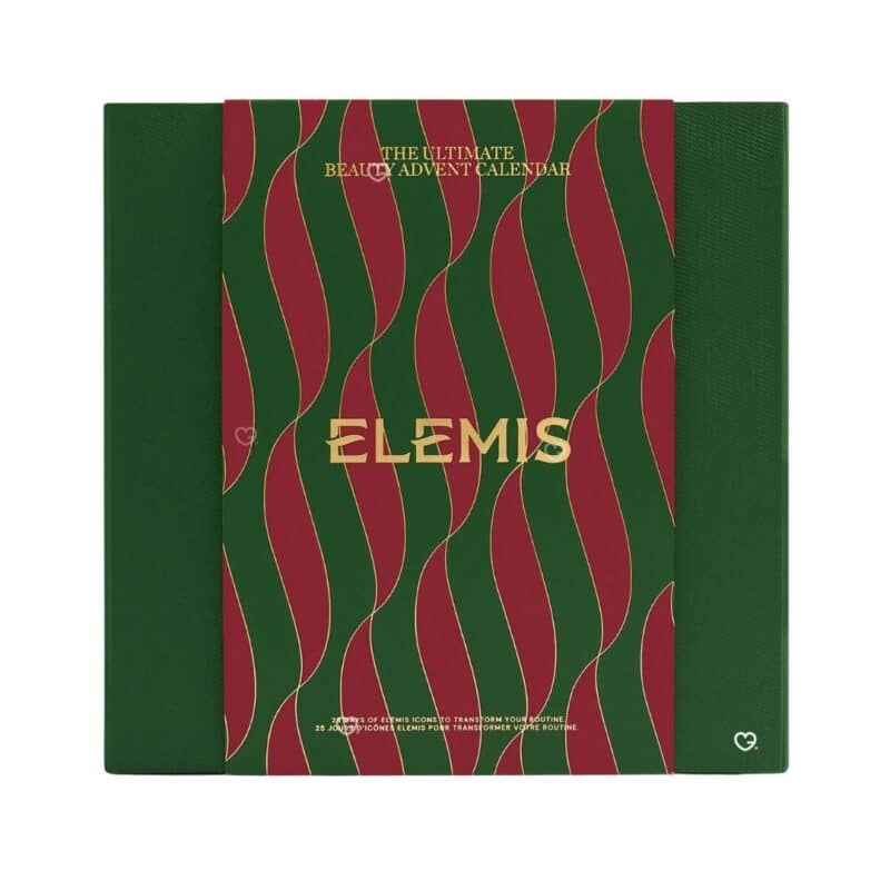 Elemis Adventskalender 2026, geschlossene Geschenkbox in Grün und Bordeaux mit goldenem Wellenmuster