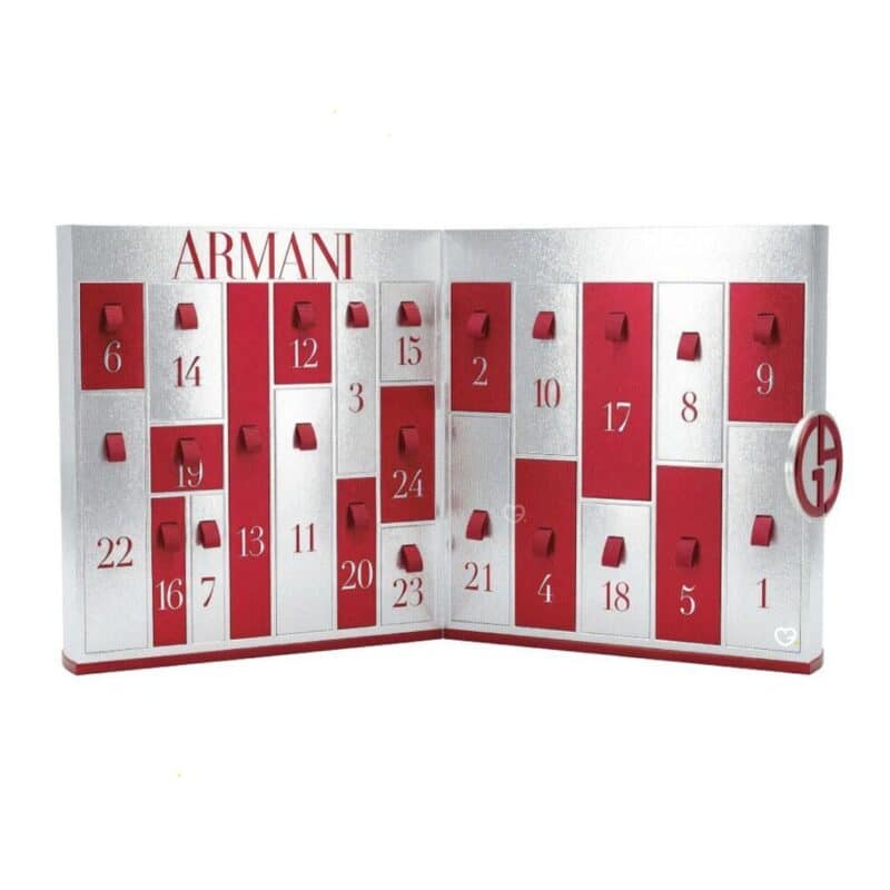 Giorgio Armani Adventskalender 2026 geöffnete Buchseite mit nummerierten Türchen