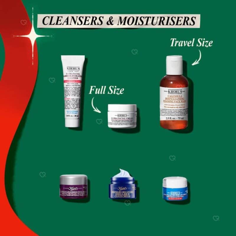 Kiehl's Adventskalender 2026, enthaltene Reiniger und Feuchtigkeitspflege mit Full-Size- und Reisegrößen-Kennzeichnung