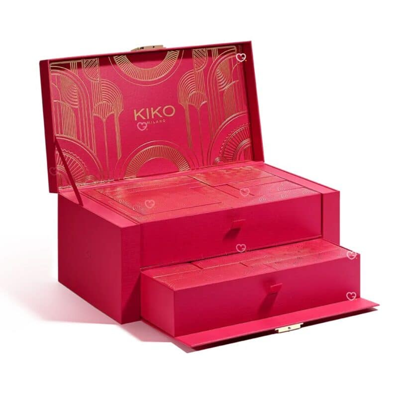 Kiko Adventskalender 2026 geschlossene Box von oben, Art-Déco-Schubladen, weißer Hintergrund