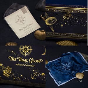 Korean Skincare Adventskalender The Tidal Glow, Praesentation mit blauem Tuch und goldener Muschel