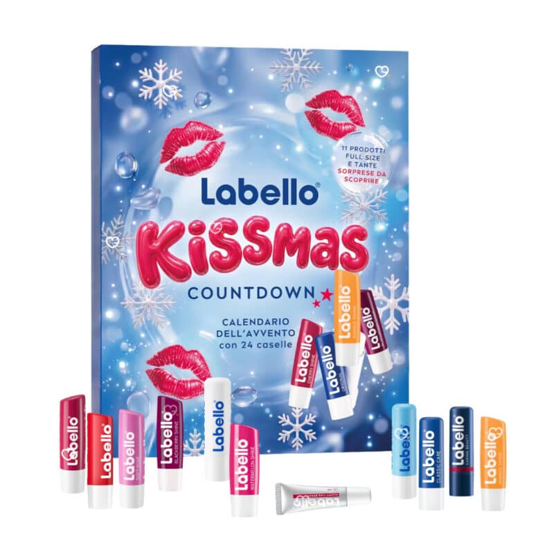 Geöffneter Labello KISSMAS Adventskalender 2026 mit sichtbaren Türchen