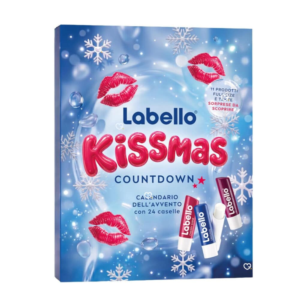 Labello KISSMAS Adventskalender 2026 Verpackung, geschlossene Box mit 24 Türchen