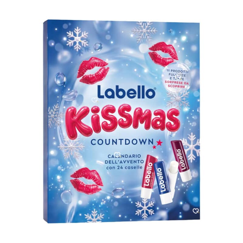 Labello KISSMAS Adventskalender 2026 Verpackung, geschlossene Box mit 24 Türchen