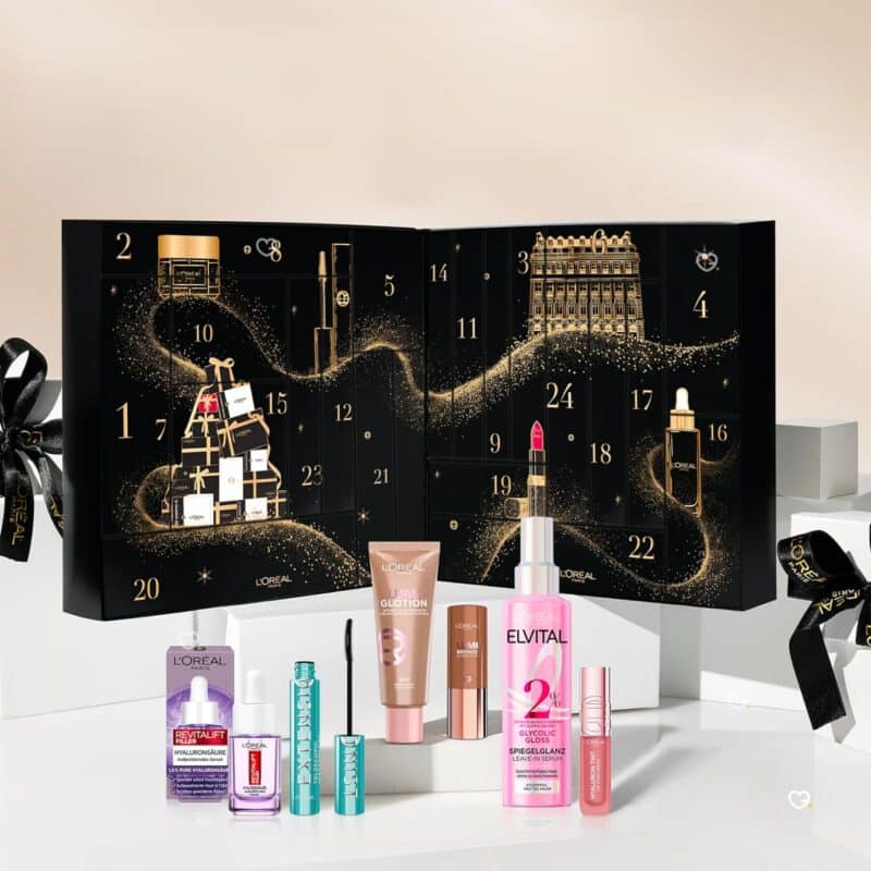 L'Oréal Paris Adventskalender 2026 mit ausgewählten Beauty-Produkten und Geschenkbändern