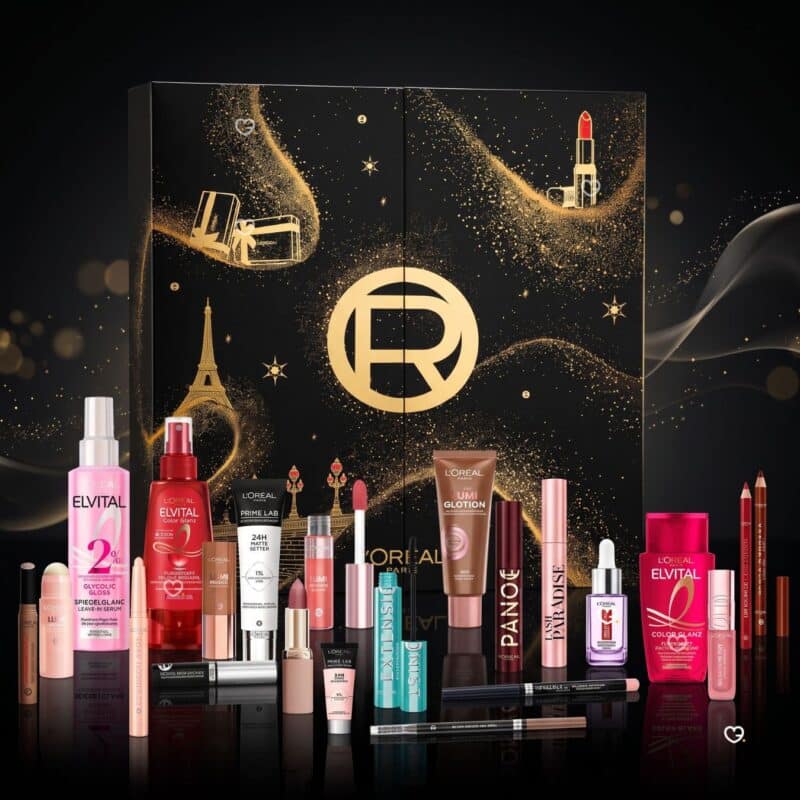 L'Oréal Paris Adventskalender 2026 mit Produkten vor schwarzem Hintergrund, Color Riche und Lumi Reihe