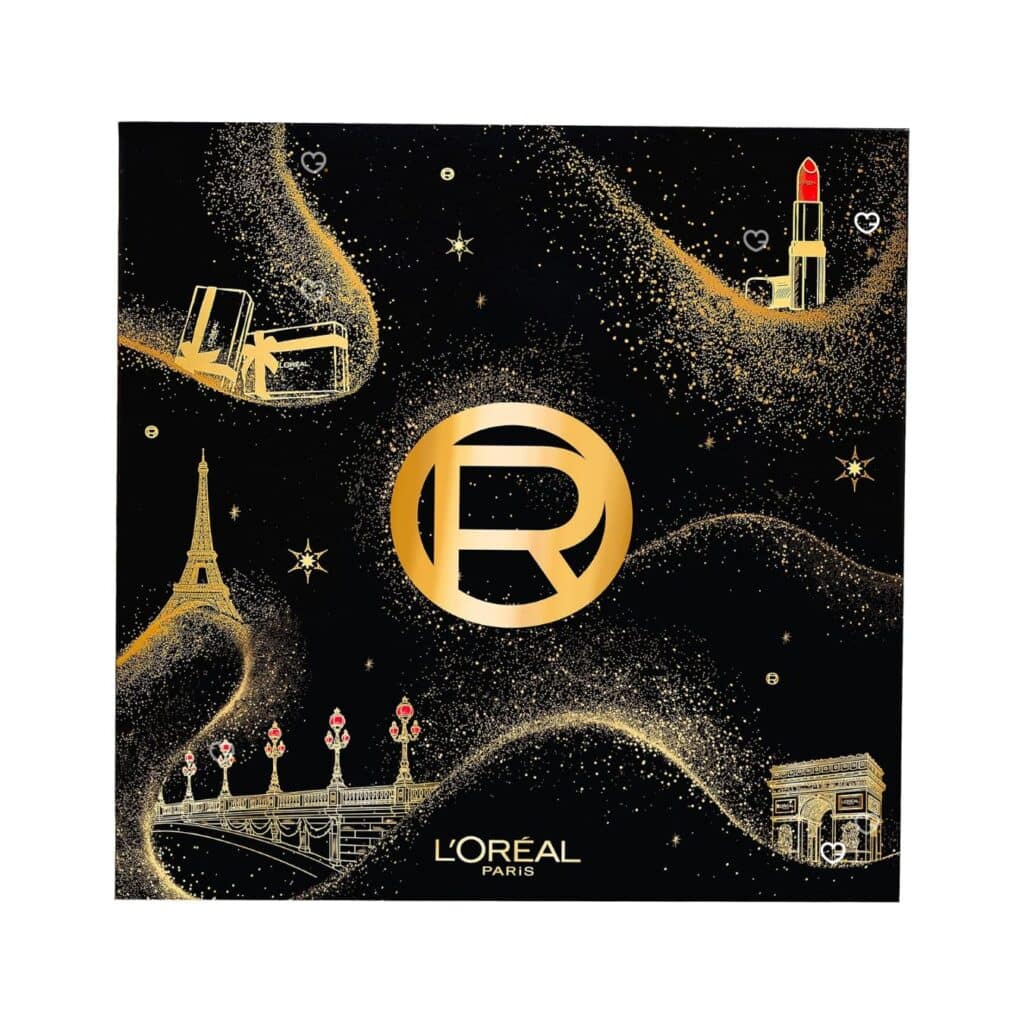 L'Oréal Paris Adventskalender 2026 geschlossen, Maison-L'Oréal-Box in Schwarz und Gold mit Pariser Motiven