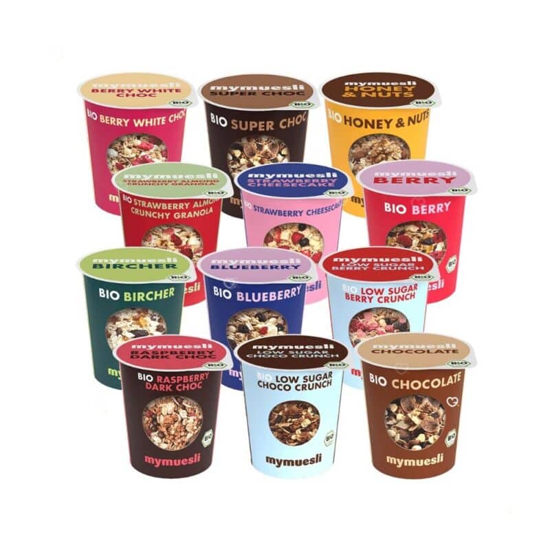 Bio-Müsli-Sorten des mymuesli Adventskalenders im 2go-Becher