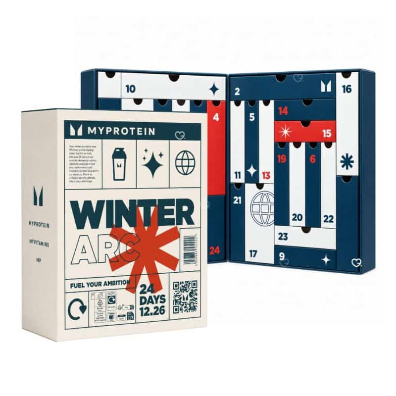 Geöffneter Myprotein Adventskalender 2026 mit den 24 Türchen