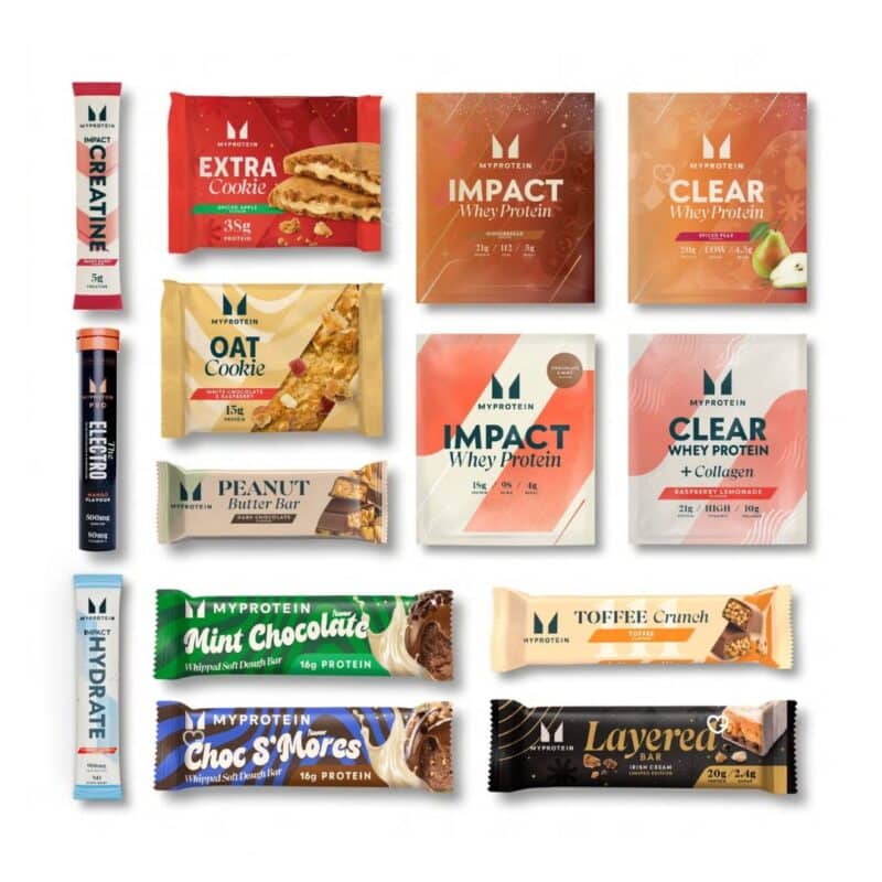 Spoiler Myprotein Adventskalender 2026, Proteinriegel und Pulver im Überblick