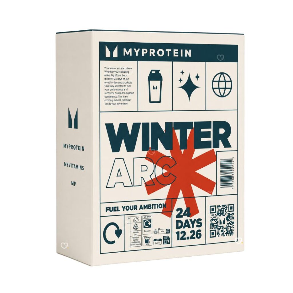 Myprotein Adventskalender 2026 Verpackung, geschlossene Box mit Winter-Arc-Motiv auf weißem Hintergrund