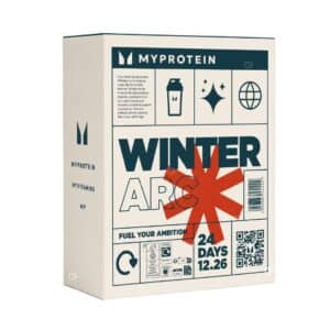 Myprotein Adventskalender 2026 Verpackung, geschlossene Box mit Winter-Arc-Motiv auf weißem Hintergrund
