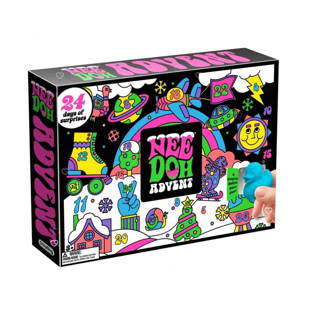 NeeDoh Adventskalender 2026, geschlossene Schachtel im Retro-Squishmas-Design auf weißem Hintergrund