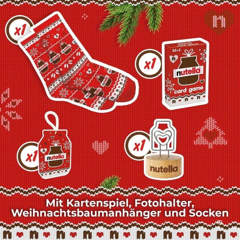 Nutella Adventskalender 2026 vier Accessoires: Kartenspiel, Weihnachtssocken, Christbaumanhänger, Fotohalter