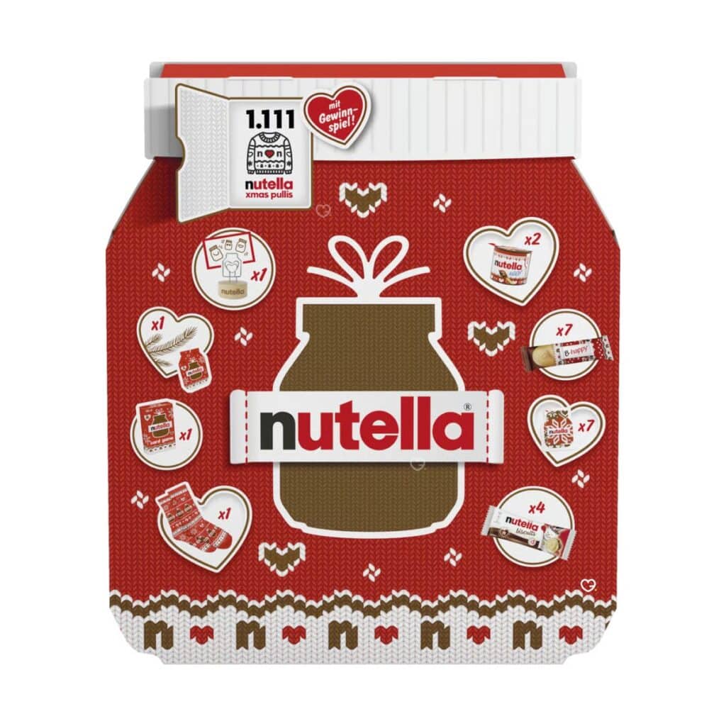 Nutella Adventskalender 2026 Verpackung in Nutella-Glas-Form auf weißem Hintergrund