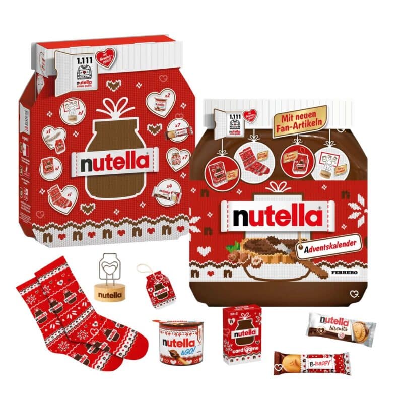 Nutella Adventskalender 2026 Vorder- und Rückseite mit allen Fanartikeln