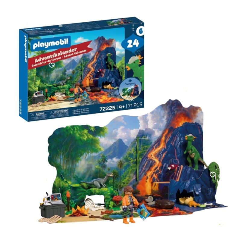 Playmobil Dino-Expedition 72225 Box und aufgebautes Vulkan-Diorama nebeneinander