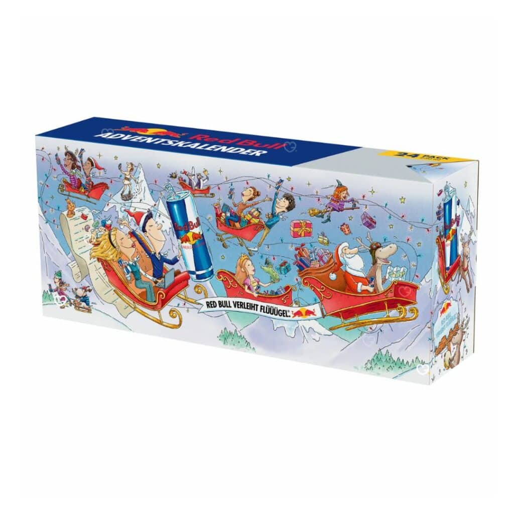 Red Bull Adventskalender 2026 mit 24 Türchen und Winterszene