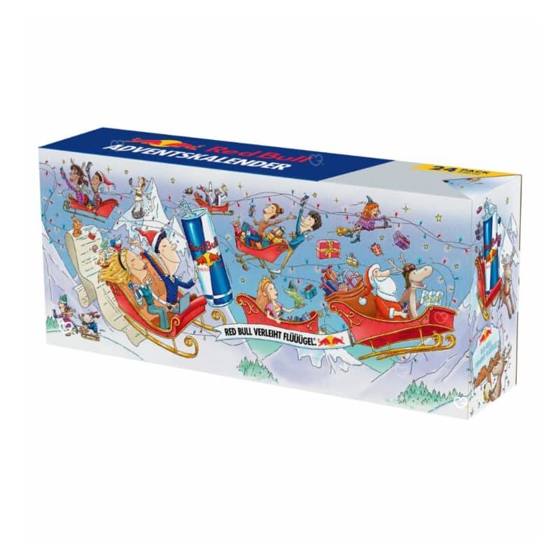 Red Bull Adventskalender 2026 mit 24 Türchen und Winterszene