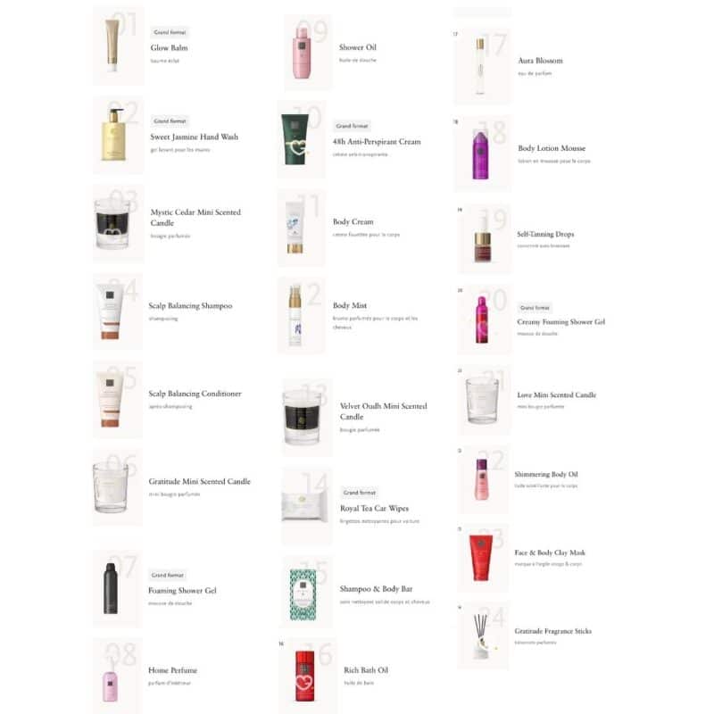 Tuerchen fuer Tuerchen Uebersicht der 24 Produkte im Rituals Premium Adventskalender 2026