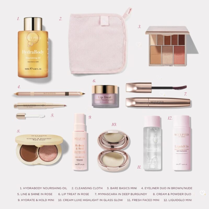 Sculpted By Aimee Adventskalender für Frauen 2026, alle 12 Türchen-Produkte nummeriert im Flat-Lay