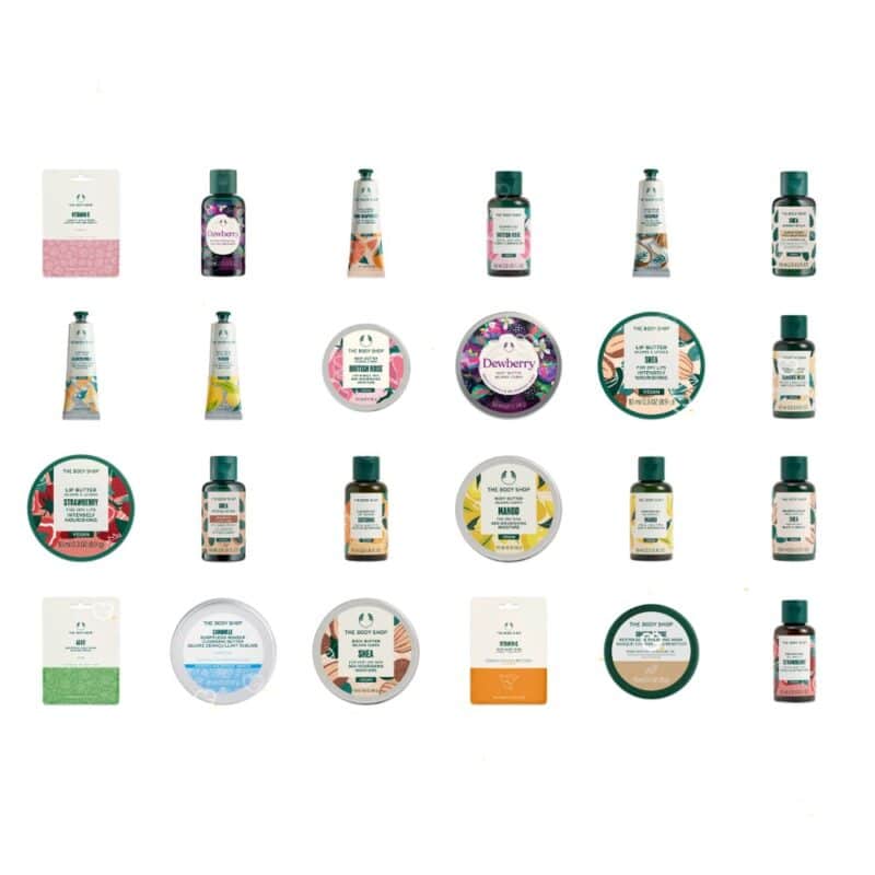 Komplette Produktübersicht des The Body Shop Adventskalenders 2026 in Reisegröße