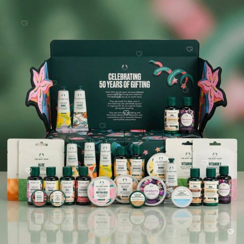 Inhalt des The Body Shop Adventskalenders 2026 mit 24 Pflegeprodukten