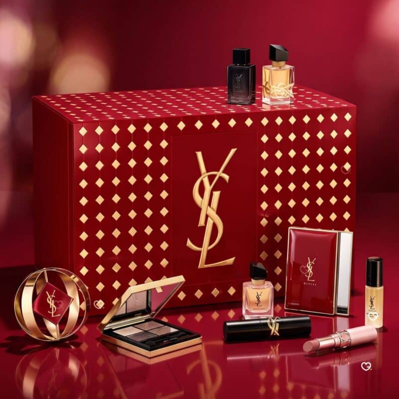 YSL Beauty Adventskalender 2026, ausgepackte Produkte, Parfums, Palette und Lippenstifte