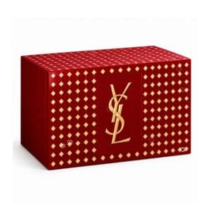 YSL Beauty Adventskalender 2026, geschlossene kirschrot-goldene Schmuckschatulle mit Cassandre-Monogramm